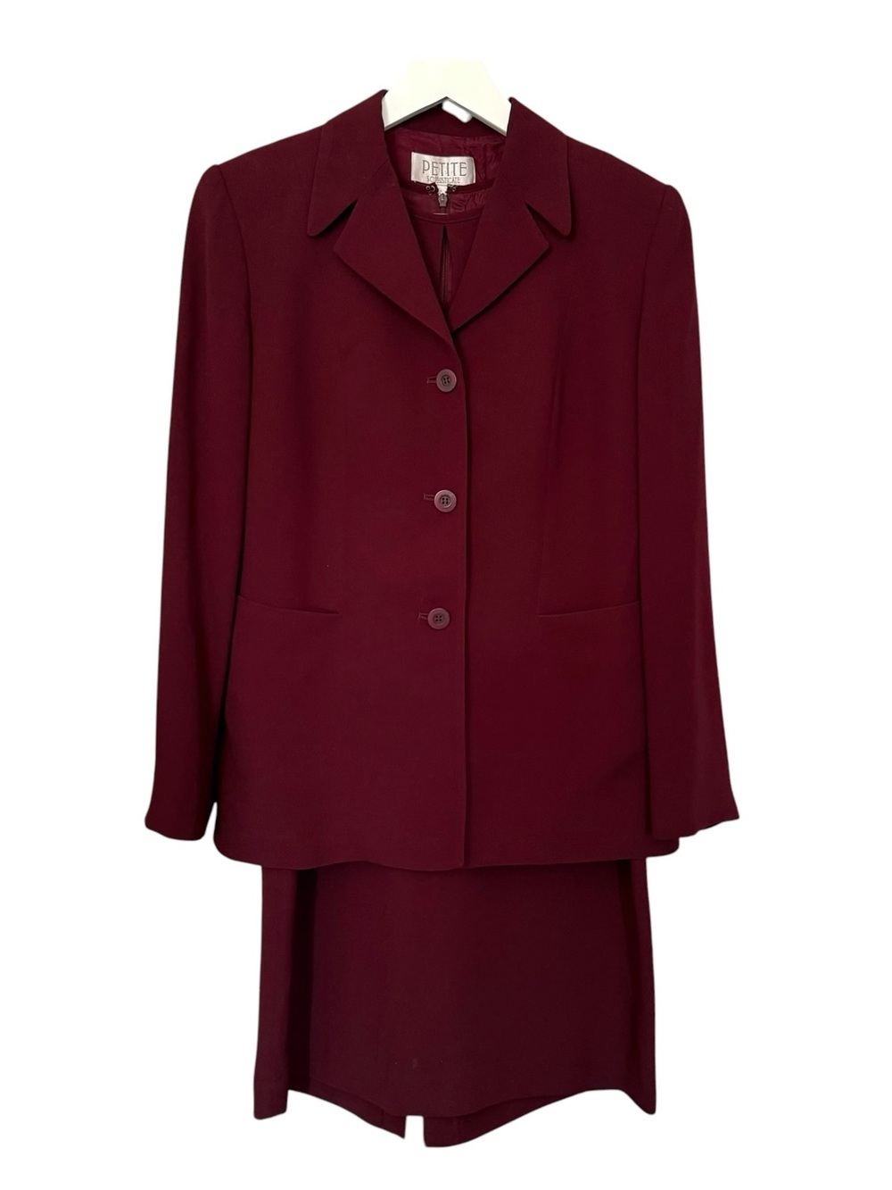Vintage 90s Petite Sophisticate Burgundy Blazer & Dress Suit Set Size 6 Career